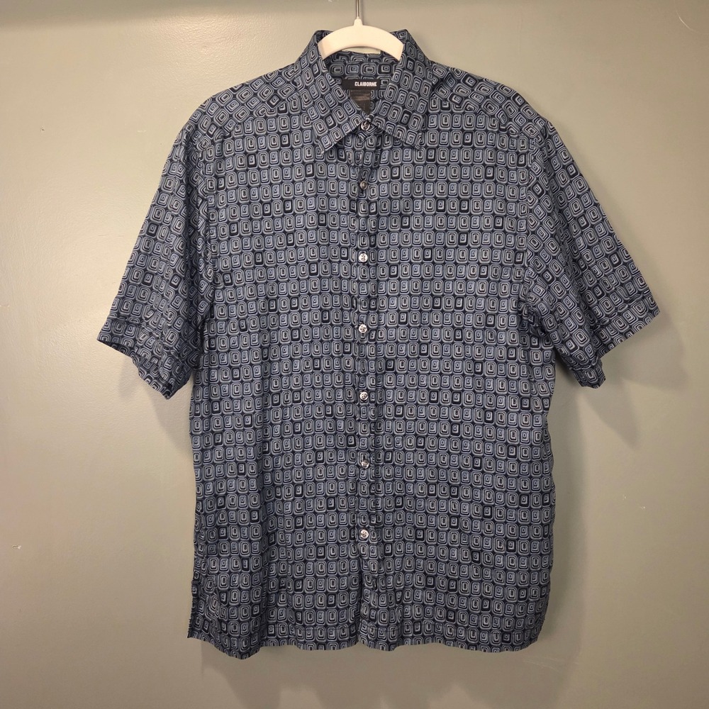 Claiborne Men's Geometric Print Short Sleeve Button Up Shirt Size L Retro Style